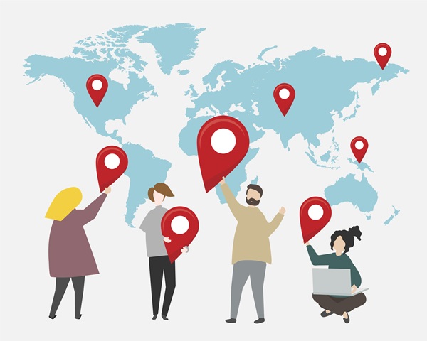 Illustration of people with a map, pointing to their home countries