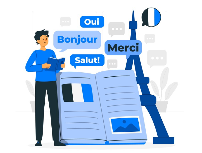 Illustration of a man learning French, chat bubbles with French words surround him