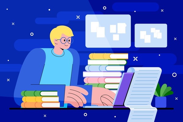 Illustration of a person revising notes