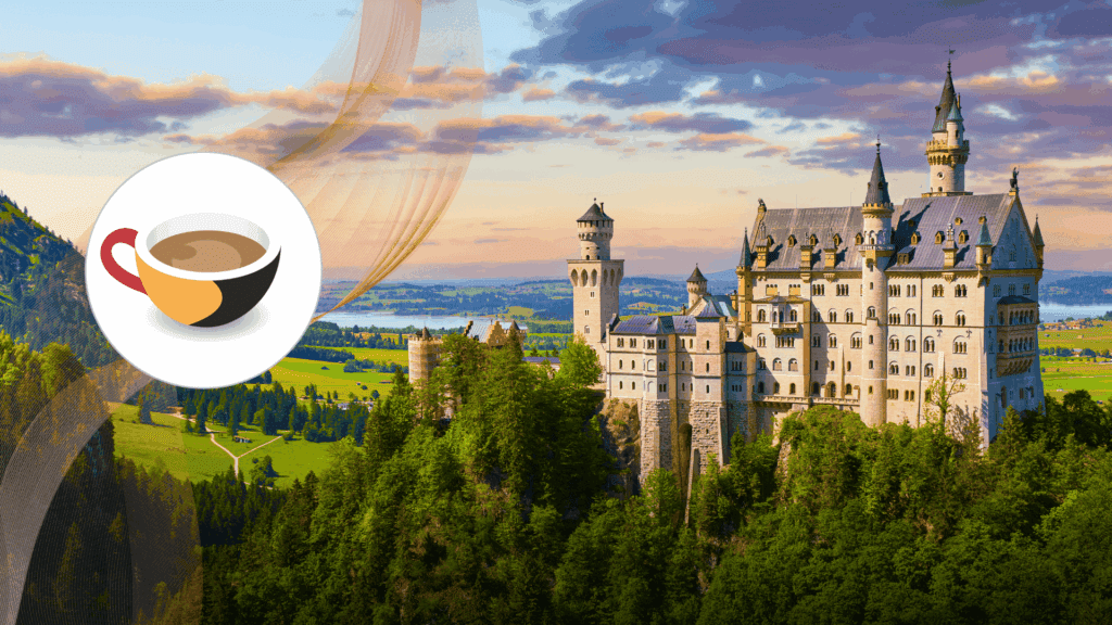 A panoramic view of Neuschwanstein Castle in Bavaria, Germany, surrounded by lush green forest and a sweeping valley under a colorful sky at sunset.