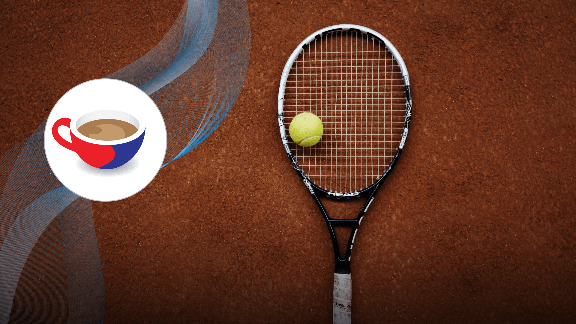 A tennis racket with a yellow ball resting on its strings, placed on a clay court.