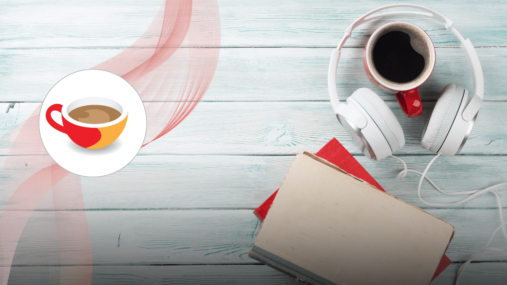 A cozy flat lay featuring a red coffee mug filled with black coffee, a pair of white over-ear headphones, and two books