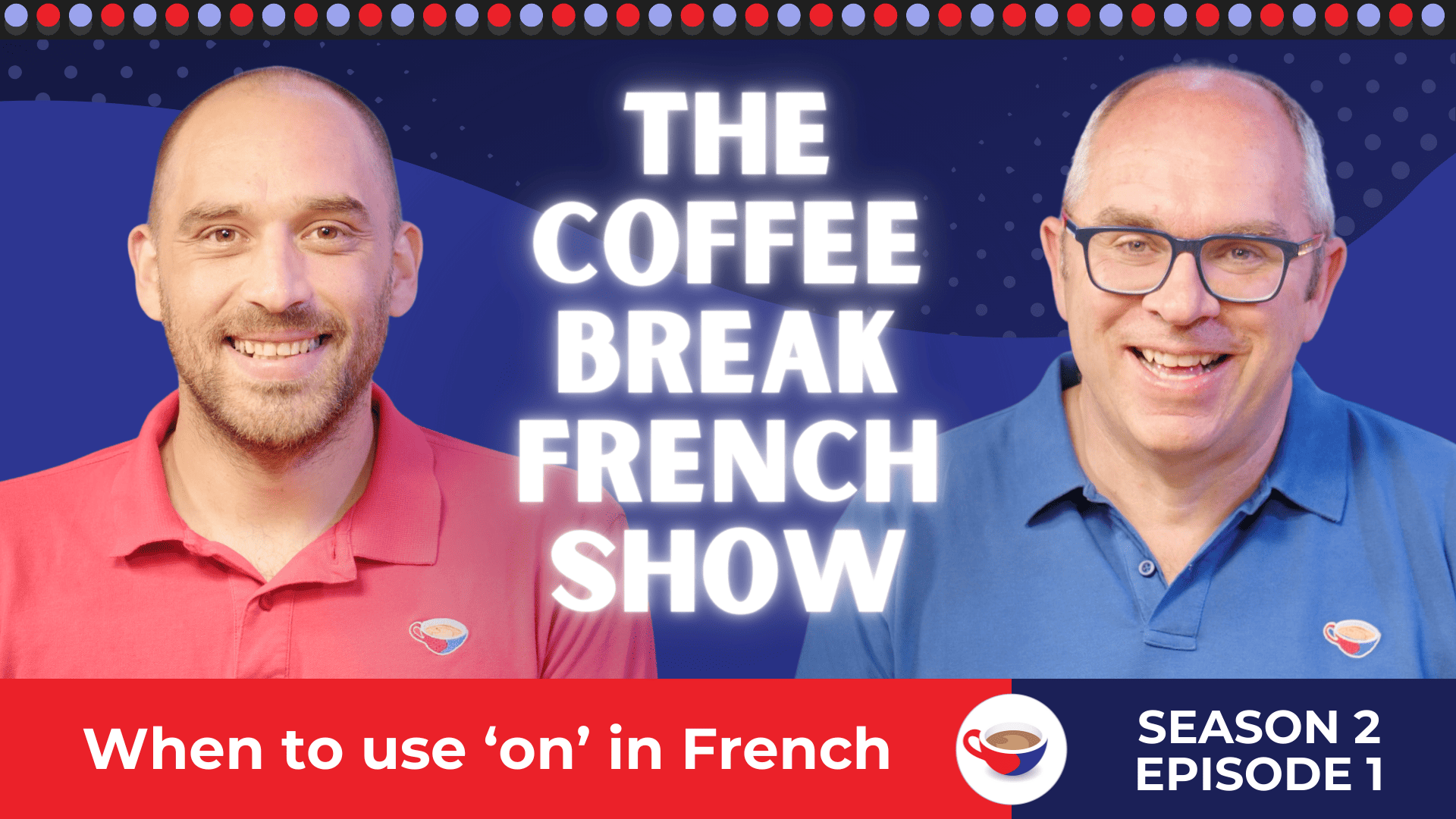 Two smiling men wearing red and blue Coffee Break shirts in front of a blue background