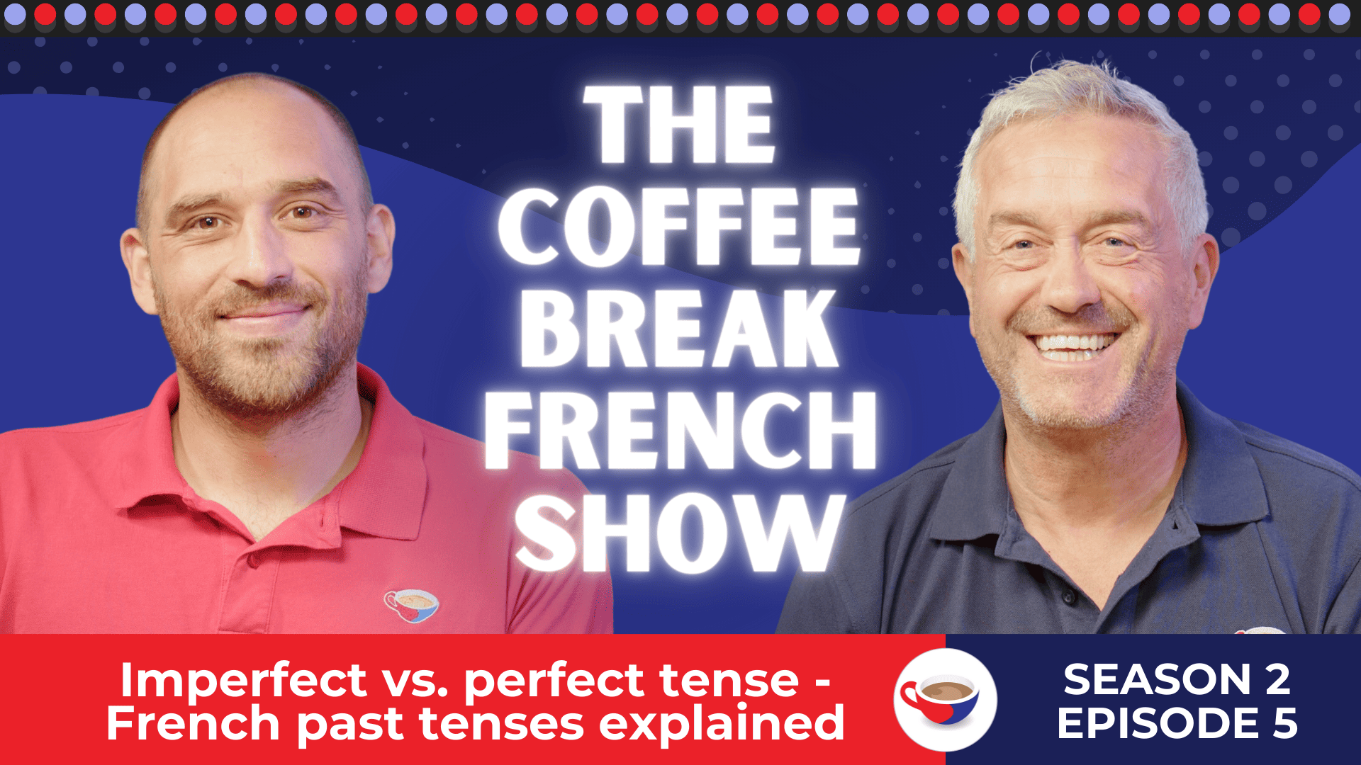 Two smiling men in red and navy shirts standing in front of a blue background