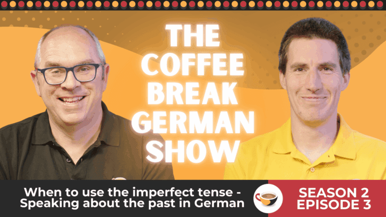Two smiling male presenters wearing black and yellow polo shirts are seated against an orange background with the title 'The Coffee Break German Show' in bold white text.