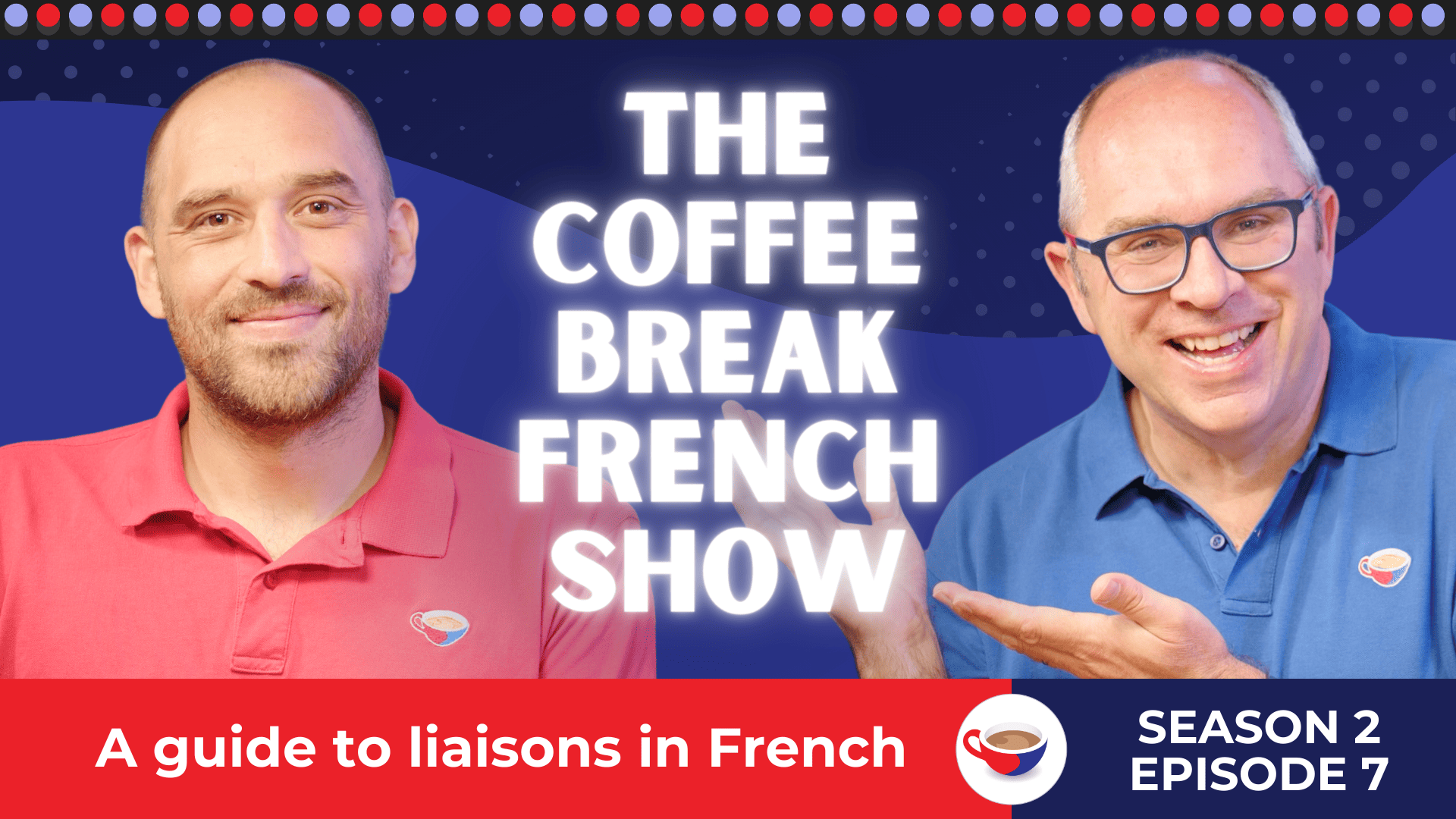 Two smiling men in red and blue shirts standing in front of a dark blue background