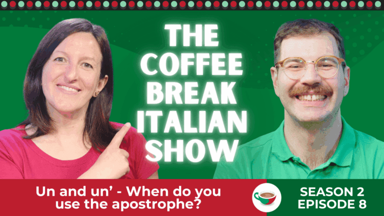 A woman pointing and smiling beside a man with glasses and a mustache, both in front of a green background.