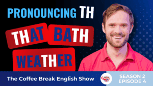 A smiling man in a red shirt holding, with bold text around him reading 'Pronouncing TH'