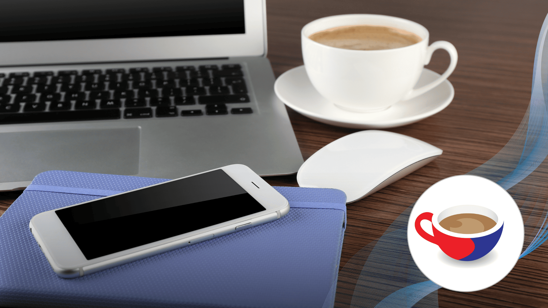 A laptop, notebook, smartphone and computer mouse on a wooden desk beside a cup of coffee.